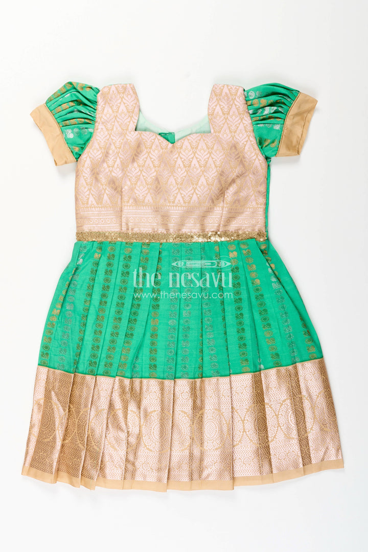 The Nesavu Girls Kanchi Silk Frock Baby Girl Kanchipuram Silk Frock for Festive and Wedding Occasions Nesavu 14 (6M) / Green / Style 2 SF843IB-14 Nesavu baby girl kanchipuram silk frock in green and gold for weddings and festive wear