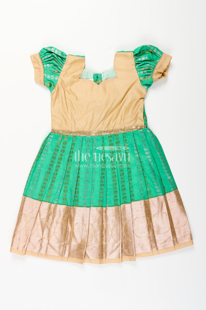 The Nesavu Girls Kanchi Silk Frock Baby Girl Kanchipuram Silk Frock for Festive and Wedding Occasions Nesavu 14 (6M) / Green / Style 3 SF843IC-14 Nesavu baby girl kanchipuram silk frock in green and gold for weddings and festive wear