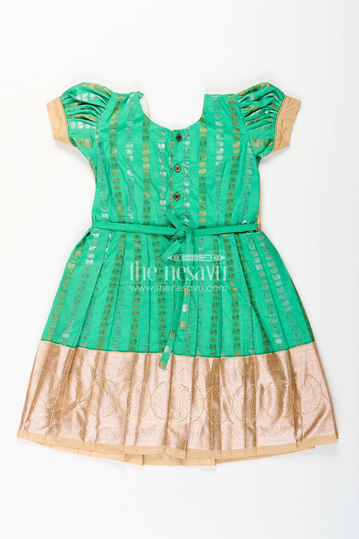 The Nesavu Girls Kanchi Silk Frock Baby Girl Kanchipuram Silk Frock for Festive and Wedding Occasions Nesavu Nesavu baby girl kanchipuram silk frock in green and gold for weddings and festive wear