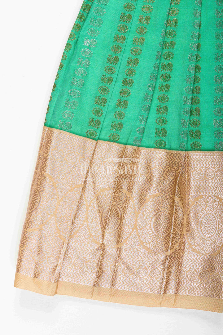 The Nesavu Girls Kanchi Silk Frock Baby Girl Kanchipuram Silk Frock for Festive and Wedding Occasions Nesavu Nesavu baby girl kanchipuram silk frock in green and gold for weddings and festive wear