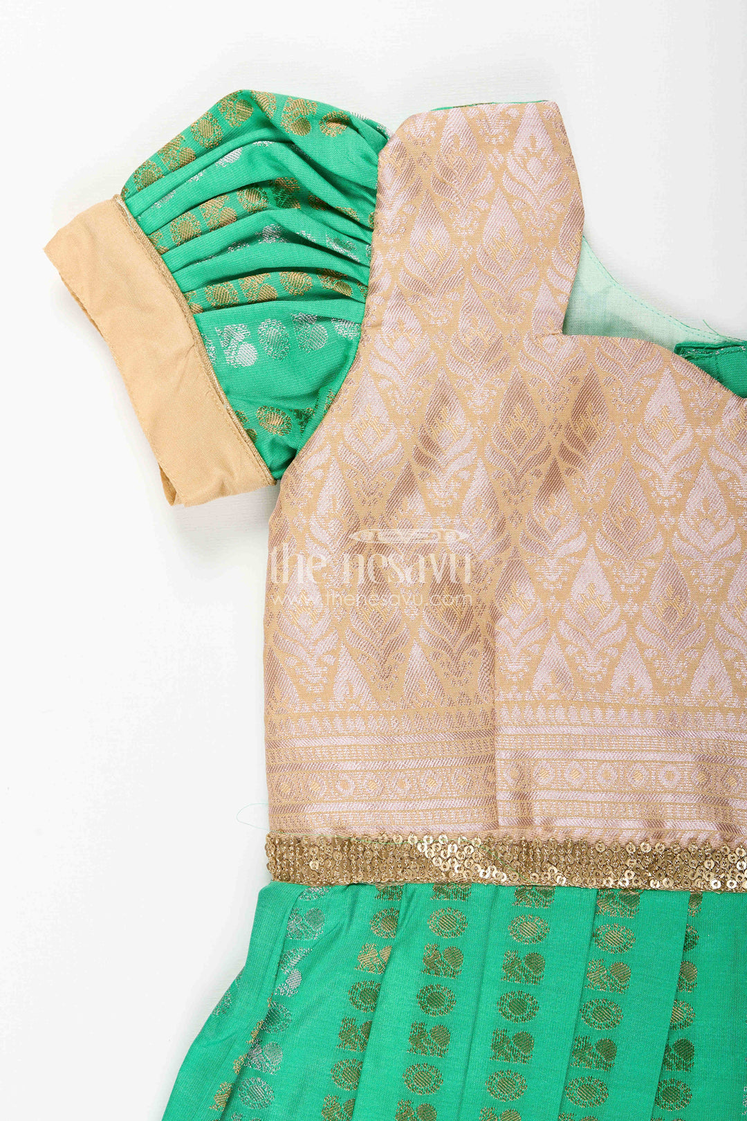 The Nesavu Girls Kanchi Silk Frock Baby Girl Kanchipuram Silk Frock for Festive and Wedding Occasions Nesavu Nesavu baby girl kanchipuram silk frock in green and gold for weddings and festive wear