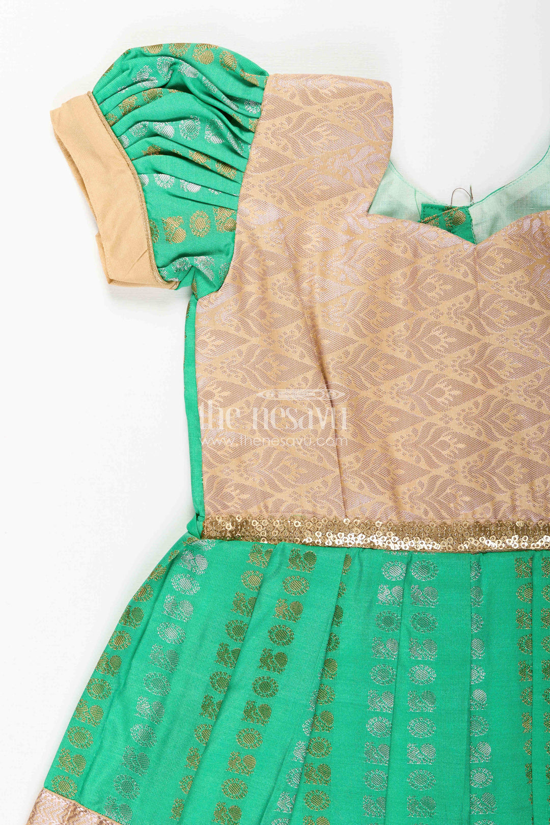 The Nesavu Girls Kanchi Silk Frock Baby Girl Kanchipuram Silk Frock for Festive and Wedding Occasions Nesavu Nesavu baby girl kanchipuram silk frock in green and gold for weddings and festive wear