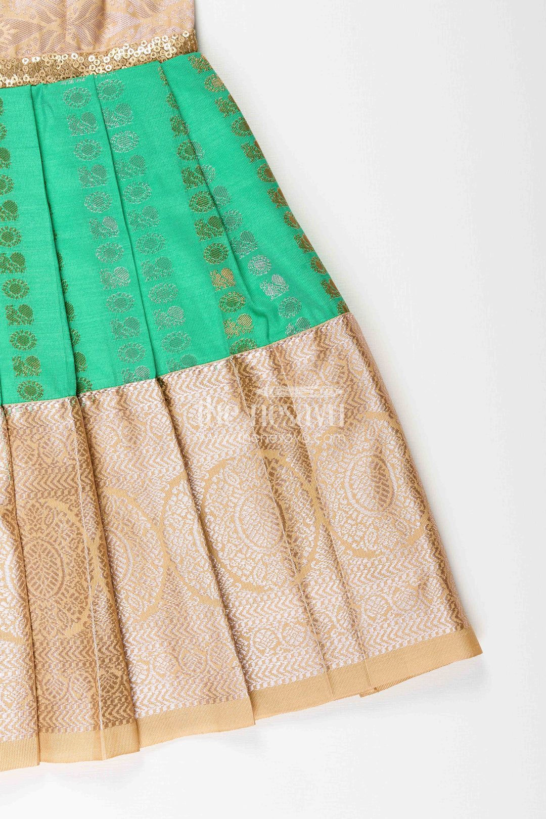 The Nesavu Girls Kanchi Silk Frock Baby Girl Kanchipuram Silk Frock for Festive and Wedding Occasions Nesavu Nesavu baby girl kanchipuram silk frock in green and gold for weddings and festive wear