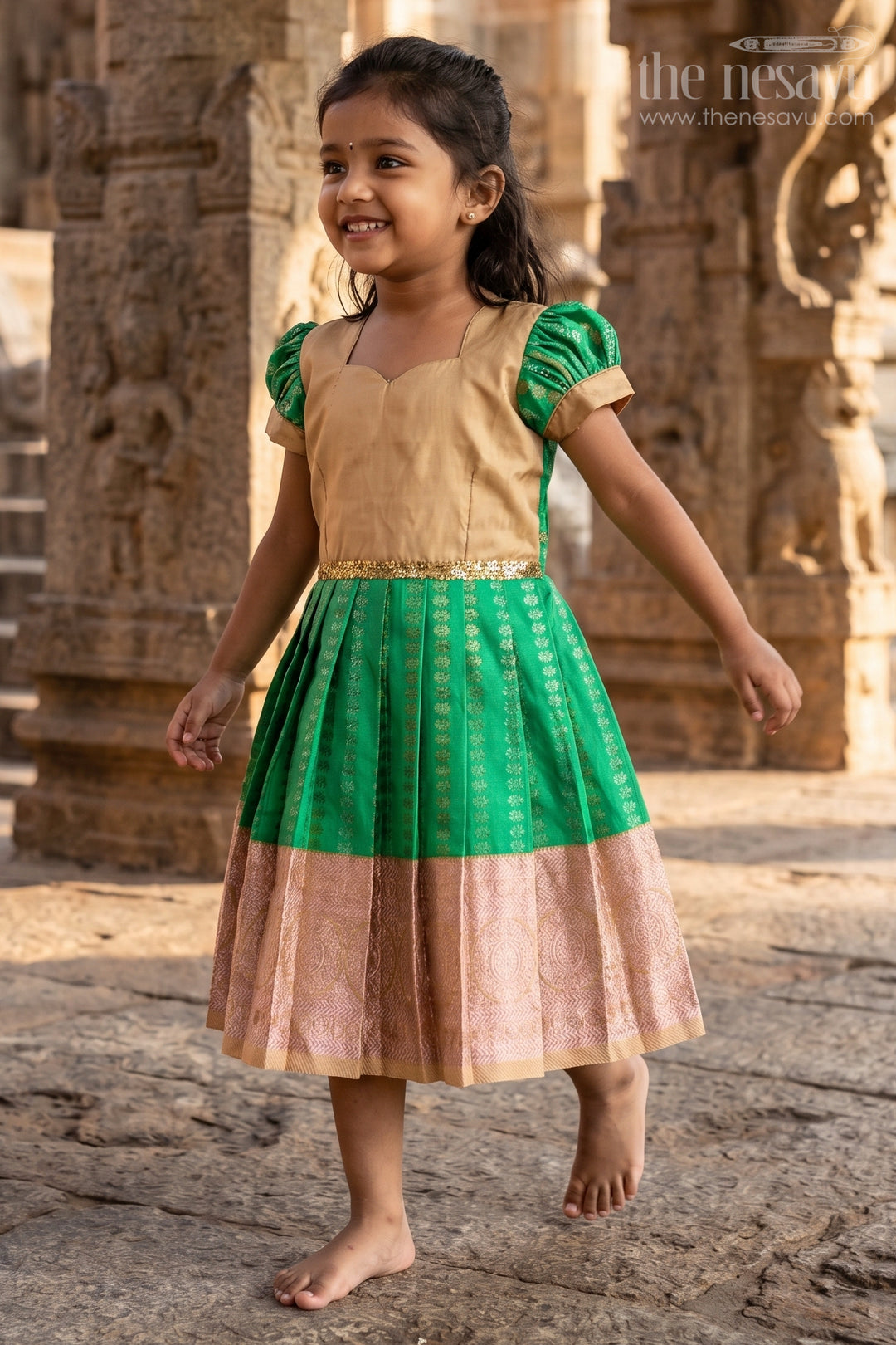 The Nesavu Girls Kanchi Silk Frock Baby Girl Kanchipuram Silk Frock for Festive and Wedding Occasions Nesavu Nesavu baby girl kanchipuram silk frock in green and gold for weddings and festive wear