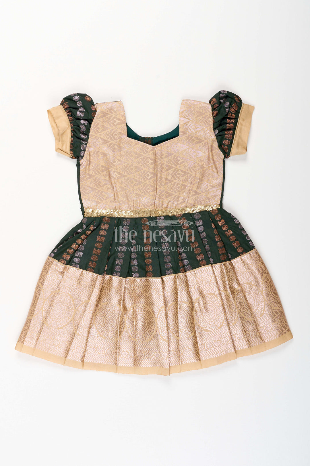 The Nesavu Girls Kanchi Silk Frock Baby Girl Kanchipuram Silk Frock for Festive and Wedding Wear Nesavu 14 (6M) / Green / Style 1 SF843DA-14 Nesavu baby girl kanchipuram silk frock in green and gold for weddings and festive wear