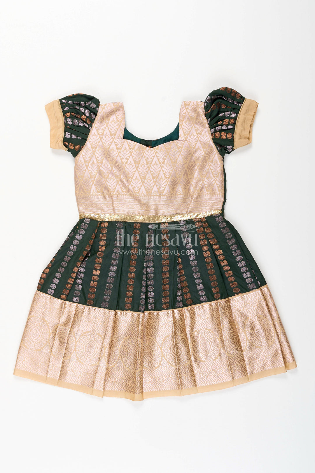 The Nesavu Girls Kanchi Silk Frock Baby Girl Kanchipuram Silk Frock for Festive and Wedding Wear Nesavu 14 (6M) / Green / Style 2 SF843DB-14 Nesavu baby girl kanchipuram silk frock in green and gold for weddings and festive wear