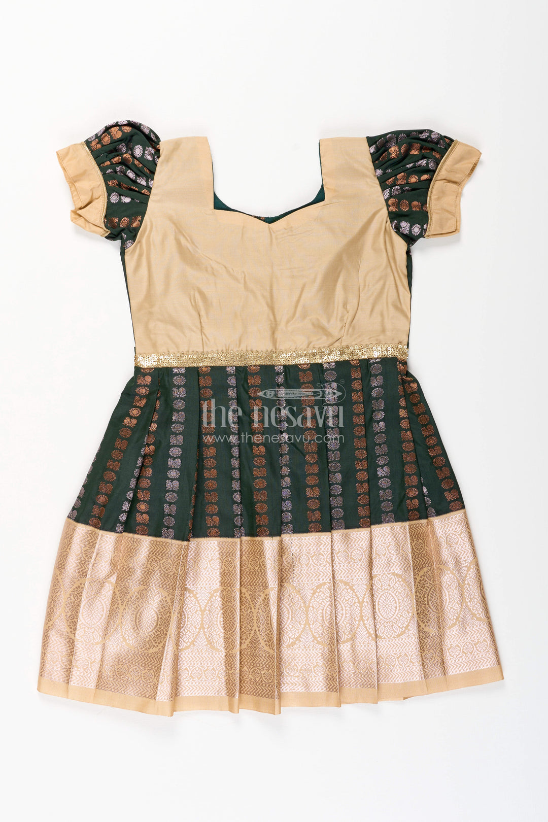 The Nesavu Girls Kanchi Silk Frock Baby Girl Kanchipuram Silk Frock for Festive and Wedding Wear Nesavu 14 (6M) / Green / Style 3 SF843DC-14 Nesavu baby girl kanchipuram silk frock in green and gold for weddings and festive wear