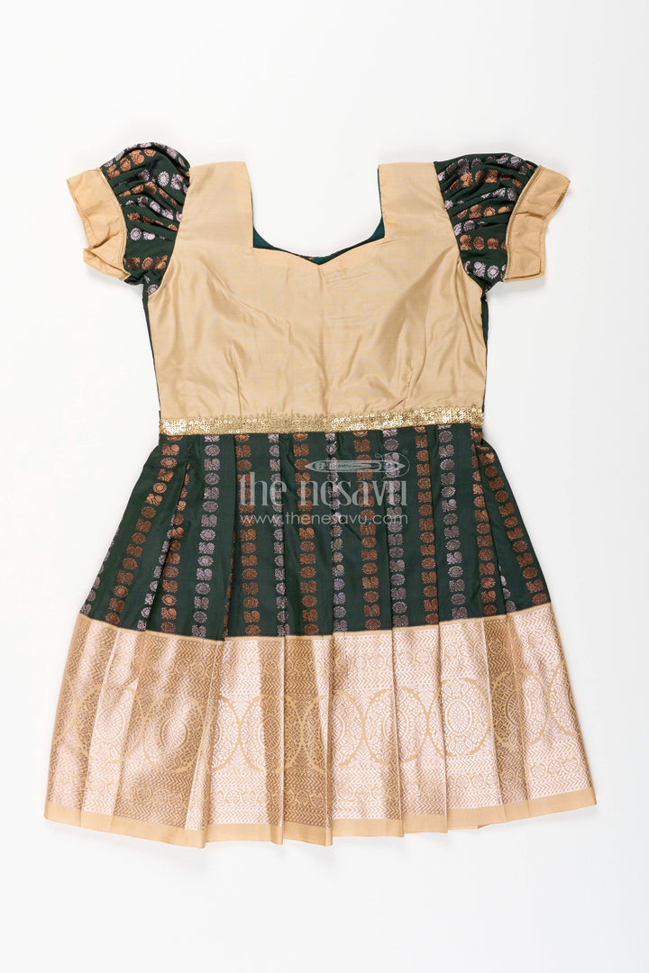The Nesavu Girls Kanchi Silk Frock Baby Girl Kanchipuram Silk Frock for Festive and Wedding Wear Nesavu 14 (6M) / Green / Style 3 SF843DC-14 Nesavu baby girl kanchipuram silk frock in green and gold for weddings and festive wear