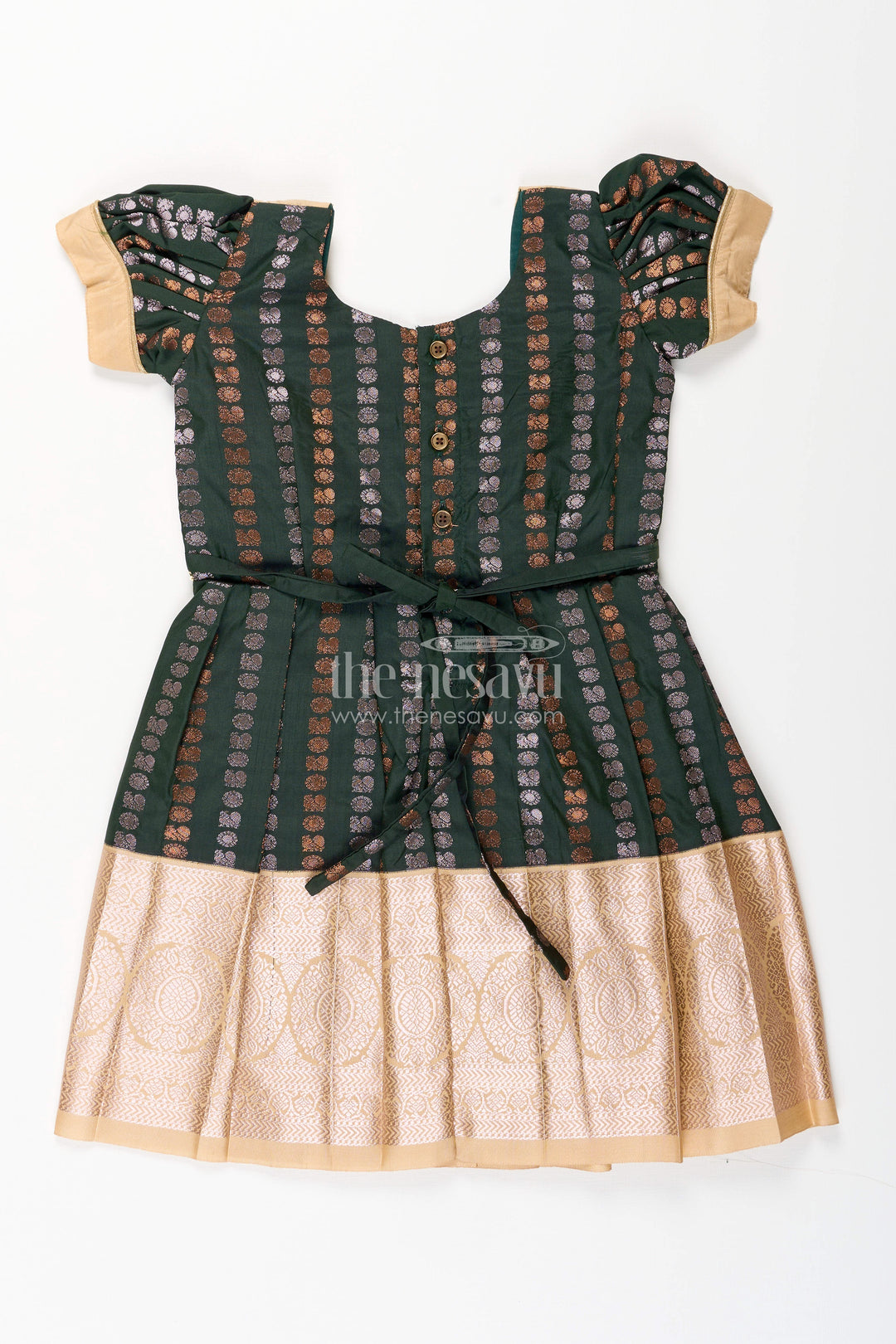 The Nesavu Girls Kanchi Silk Frock Baby Girl Kanchipuram Silk Frock for Festive and Wedding Wear Nesavu Nesavu baby girl kanchipuram silk frock in green and gold for weddings and festive wear