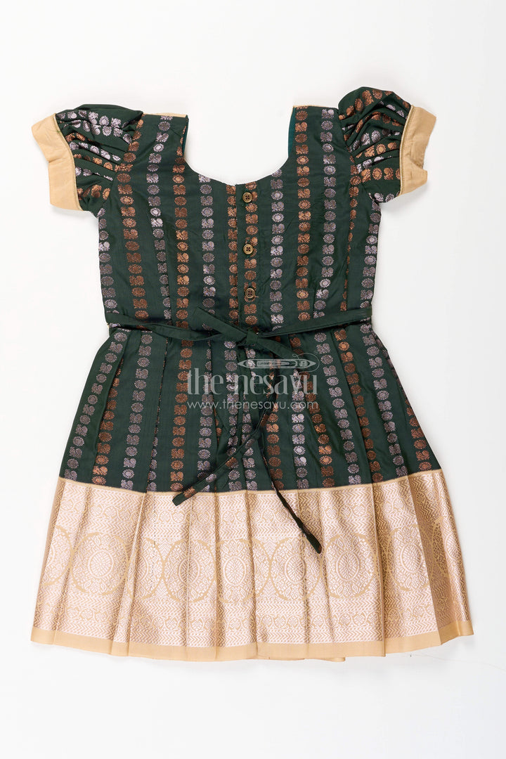The Nesavu Girls Kanchi Silk Frock Baby Girl Kanchipuram Silk Frock for Festive and Wedding Wear Nesavu Nesavu baby girl kanchipuram silk frock in green and gold for weddings and festive wear