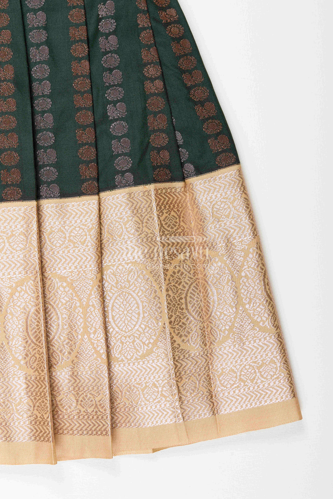 The Nesavu Girls Kanchi Silk Frock Baby Girl Kanchipuram Silk Frock for Festive and Wedding Wear Nesavu Nesavu baby girl kanchipuram silk frock in green and gold for weddings and festive wear