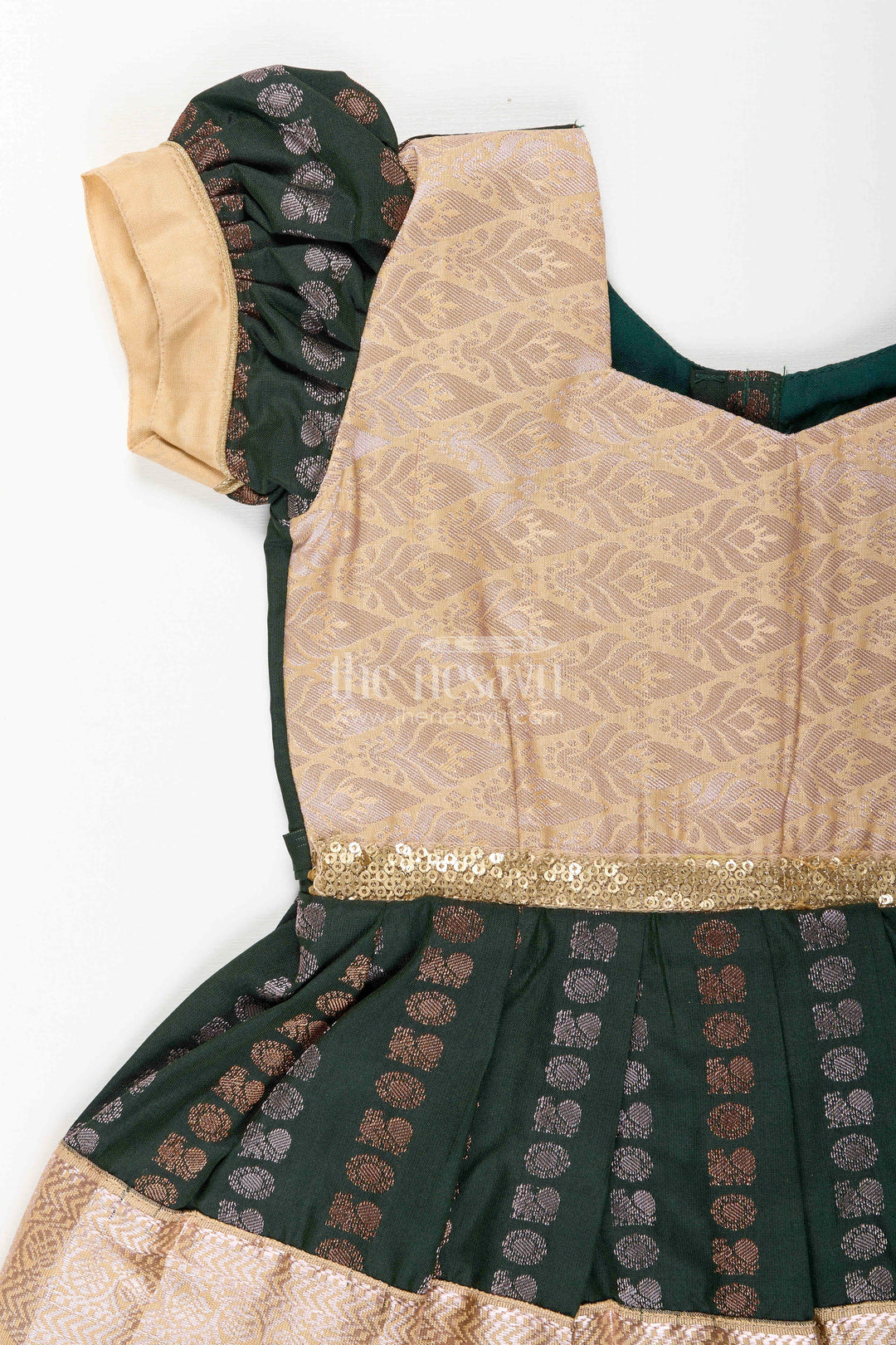 The Nesavu Girls Kanchi Silk Frock Baby Girl Kanchipuram Silk Frock for Festive and Wedding Wear Nesavu Nesavu baby girl kanchipuram silk frock in green and gold for weddings and festive wear