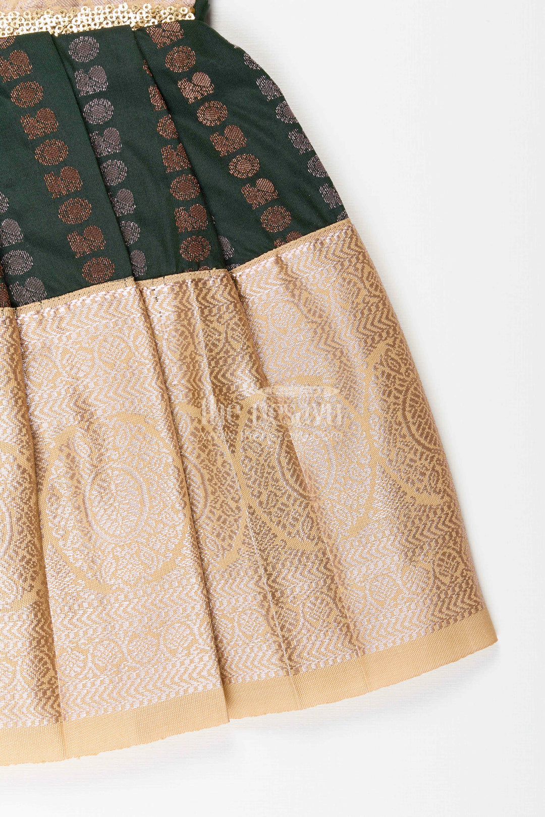 The Nesavu Girls Kanchi Silk Frock Baby Girl Kanchipuram Silk Frock for Festive and Wedding Wear Nesavu Nesavu baby girl kanchipuram silk frock in green and gold for weddings and festive wear