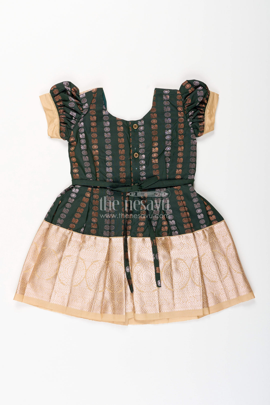 The Nesavu Girls Kanchi Silk Frock Baby Girl Kanchipuram Silk Frock for Festive and Wedding Wear Nesavu Nesavu baby girl kanchipuram silk frock in green and gold for weddings and festive wear