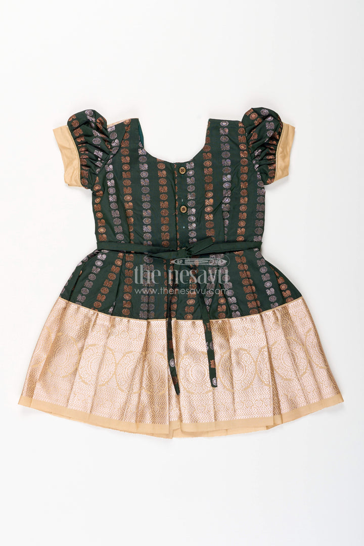 The Nesavu Girls Kanchi Silk Frock Baby Girl Kanchipuram Silk Frock for Festive and Wedding Wear Nesavu Nesavu baby girl kanchipuram silk frock in green and gold for weddings and festive wear