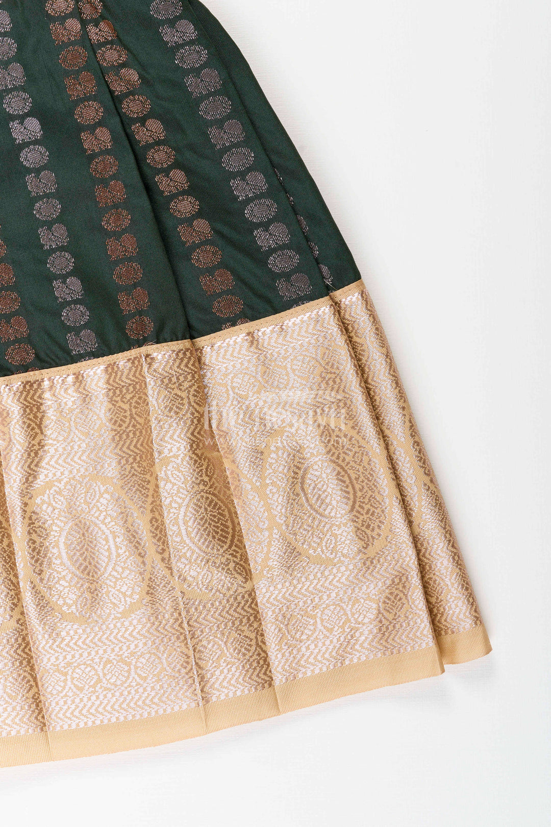 The Nesavu Girls Kanchi Silk Frock Baby Girl Kanchipuram Silk Frock for Festive and Wedding Wear Nesavu Nesavu baby girl kanchipuram silk frock in green and gold for weddings and festive wear
