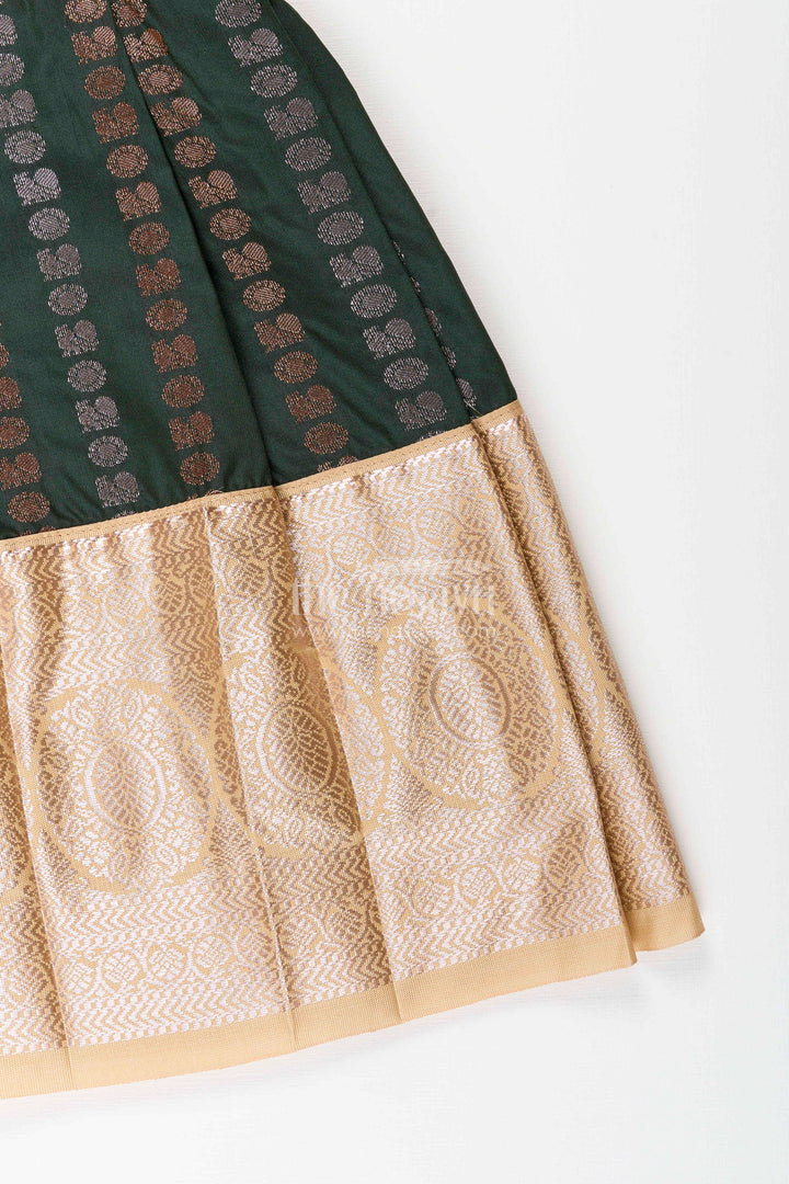 The Nesavu Girls Kanchi Silk Frock Baby Girl Kanchipuram Silk Frock for Festive and Wedding Wear Nesavu Nesavu baby girl kanchipuram silk frock in green and gold for weddings and festive wear