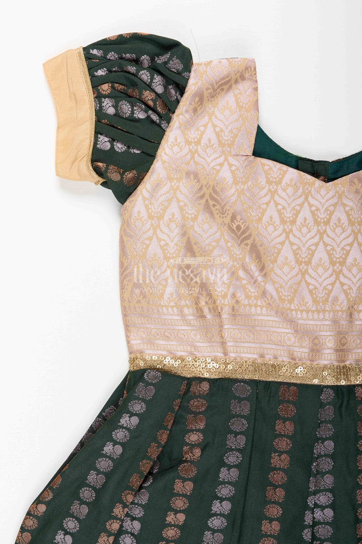 The Nesavu Girls Kanchi Silk Frock Baby Girl Kanchipuram Silk Frock for Festive and Wedding Wear Nesavu Nesavu baby girl kanchipuram silk frock in green and gold for weddings and festive wear