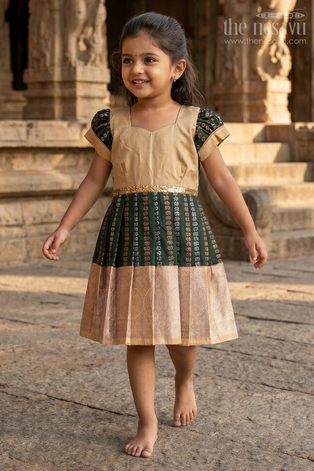 The Nesavu Girls Kanchi Silk Frock Baby Girl Kanchipuram Silk Frock for Festive and Wedding Wear Nesavu Nesavu baby girl kanchipuram silk frock in green and gold for weddings and festive wear