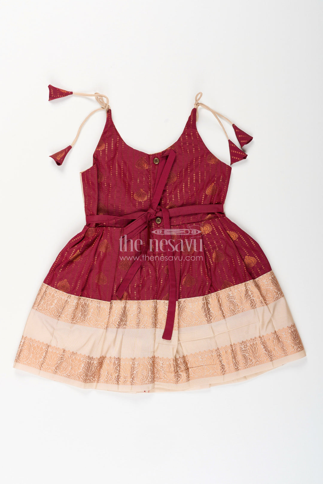 The Nesavu Girls Kanchi Silk Frock Baby Girl Kanchipuram Silk Frock for Festive and Wedding Wear Nesavu Nesavu baby girl kanchipuram silk frock in maroon and gold for weddings and festive celebrations