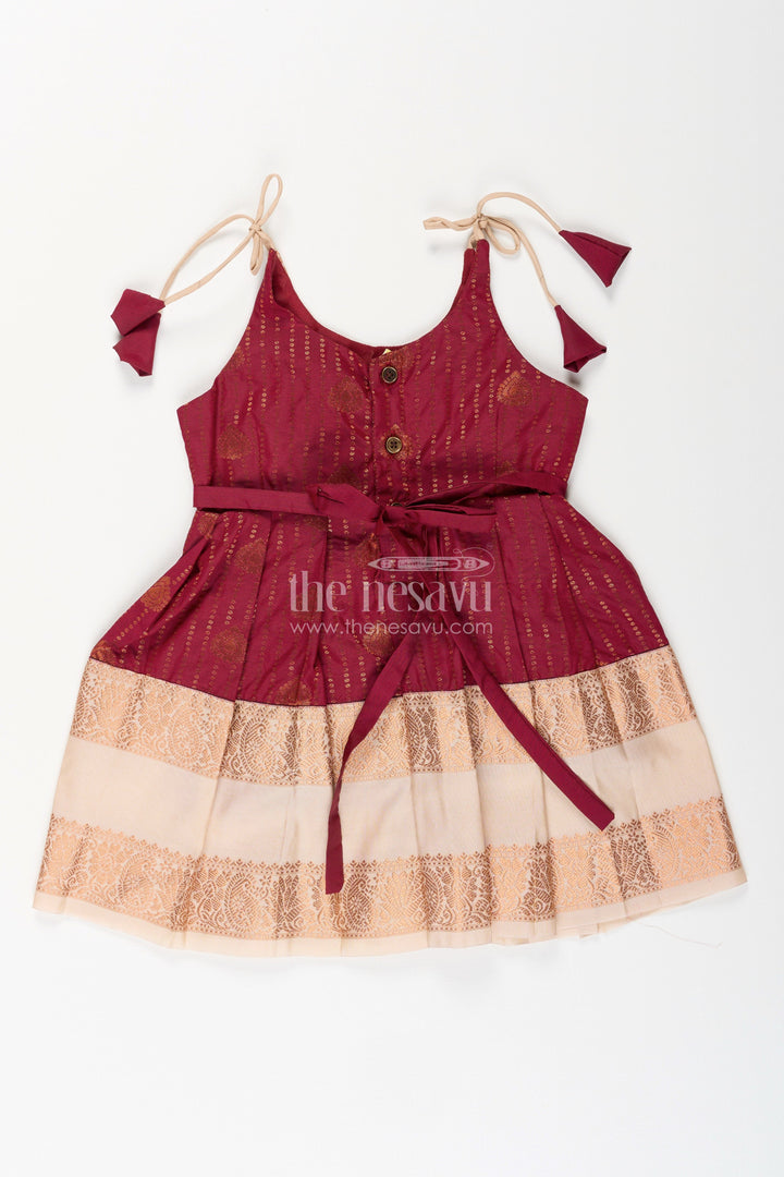 The Nesavu Girls Kanchi Silk Frock Baby Girl Kanchipuram Silk Frock for Festive and Wedding Wear Nesavu Nesavu baby girl kanchipuram silk frock in maroon and gold for weddings and festive celebrations
