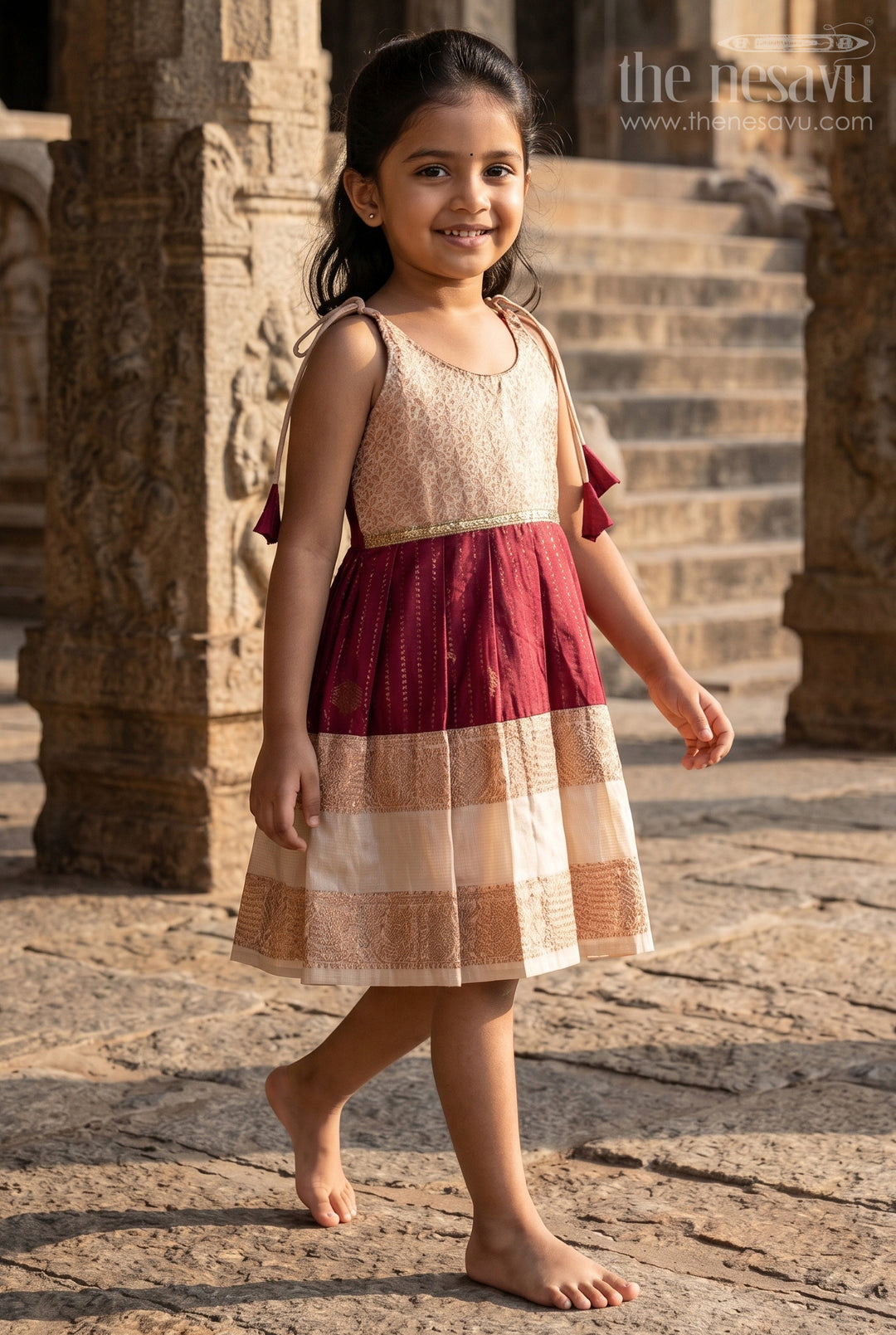 The Nesavu Girls Kanchi Silk Frock Baby Girl Kanchipuram Silk Frock for Festive and Wedding Wear Nesavu Nesavu baby girl kanchipuram silk frock in maroon and gold for weddings and festive celebrations