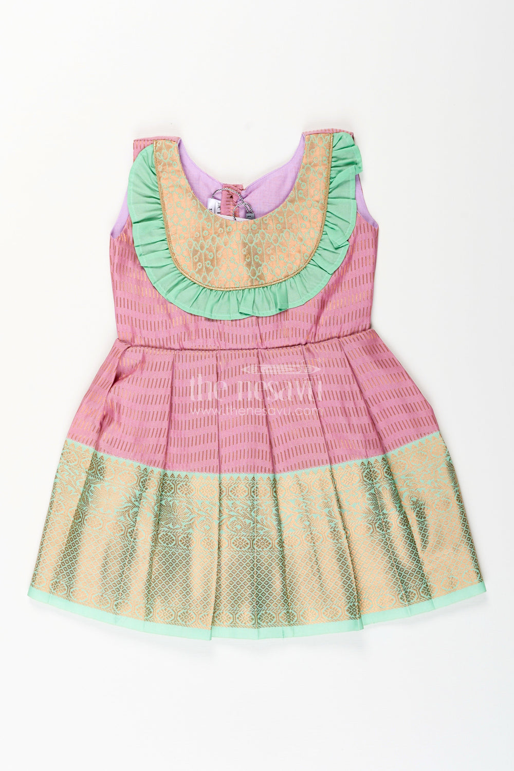 The Nesavu Girls Kanchi Silk Frock Baby girl kanchipuram silk frock for traditional and festive occasions Nesavu 16 (1Y) / Pink / Style 1 SF996DA-16 Nesavu baby girl kanchipuram silk frock in pink and green for weddings and festive celebrations