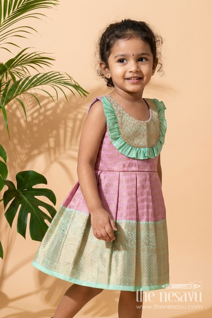 The Nesavu Girls Kanchi Silk Frock Baby Girl Kanchipuram Silk Frock for Traditional and Festive Occasions Nesavu 16 (1Y) / Pink / Style 1 SF996DA-16 Nesavu baby girl kanchipuram silk frock in pink and green for weddings and festive celebrations