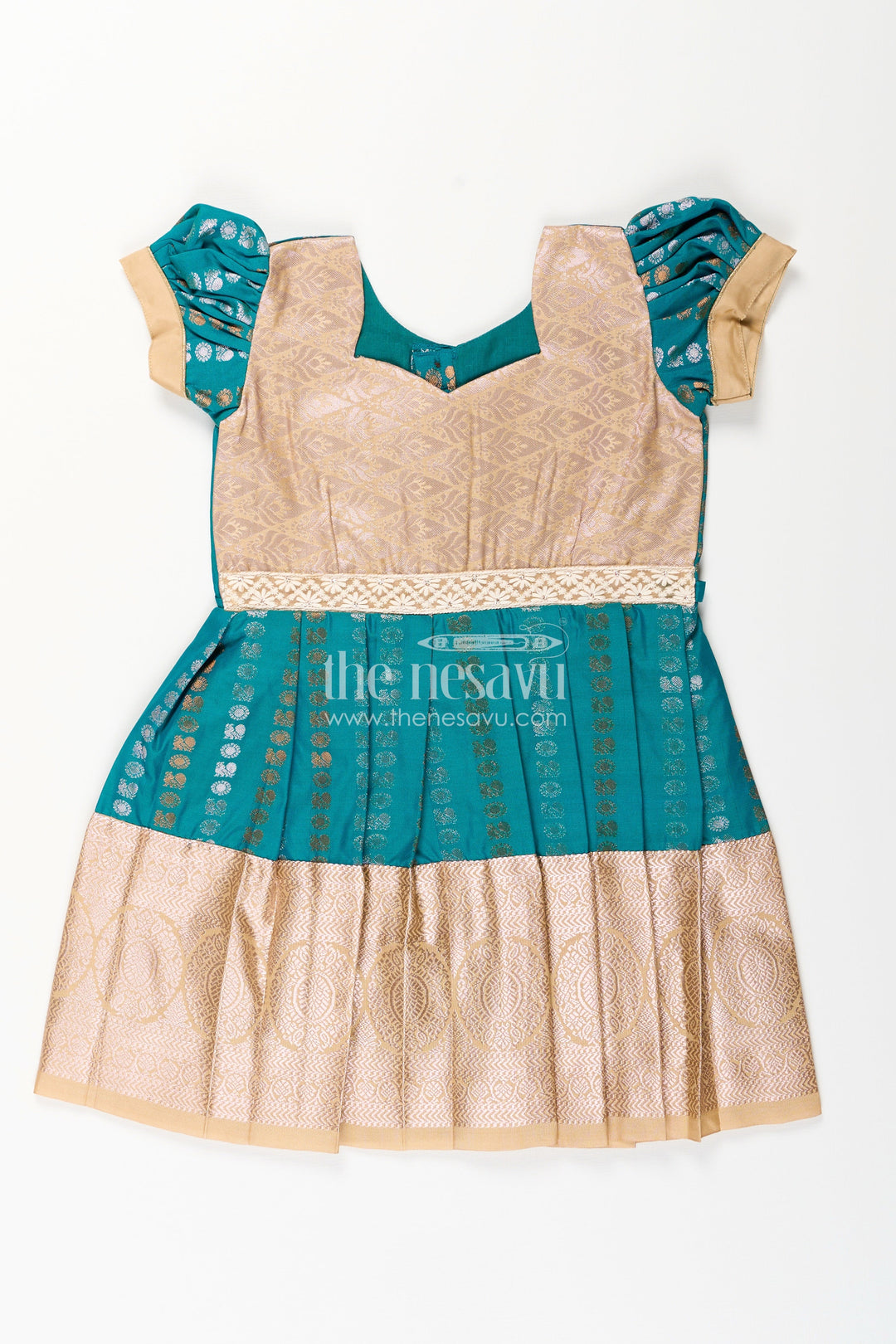 The Nesavu Girls Kanchi Silk Frock Baby Girl Kanchipuram Silk Frock for Traditional and Festive Wear Nesavu 14 (6M) / Green / Style 1 SF843GA-14 Nesavu baby girl kanchipuram silk frock in teal green and gold for festive and wedding wear