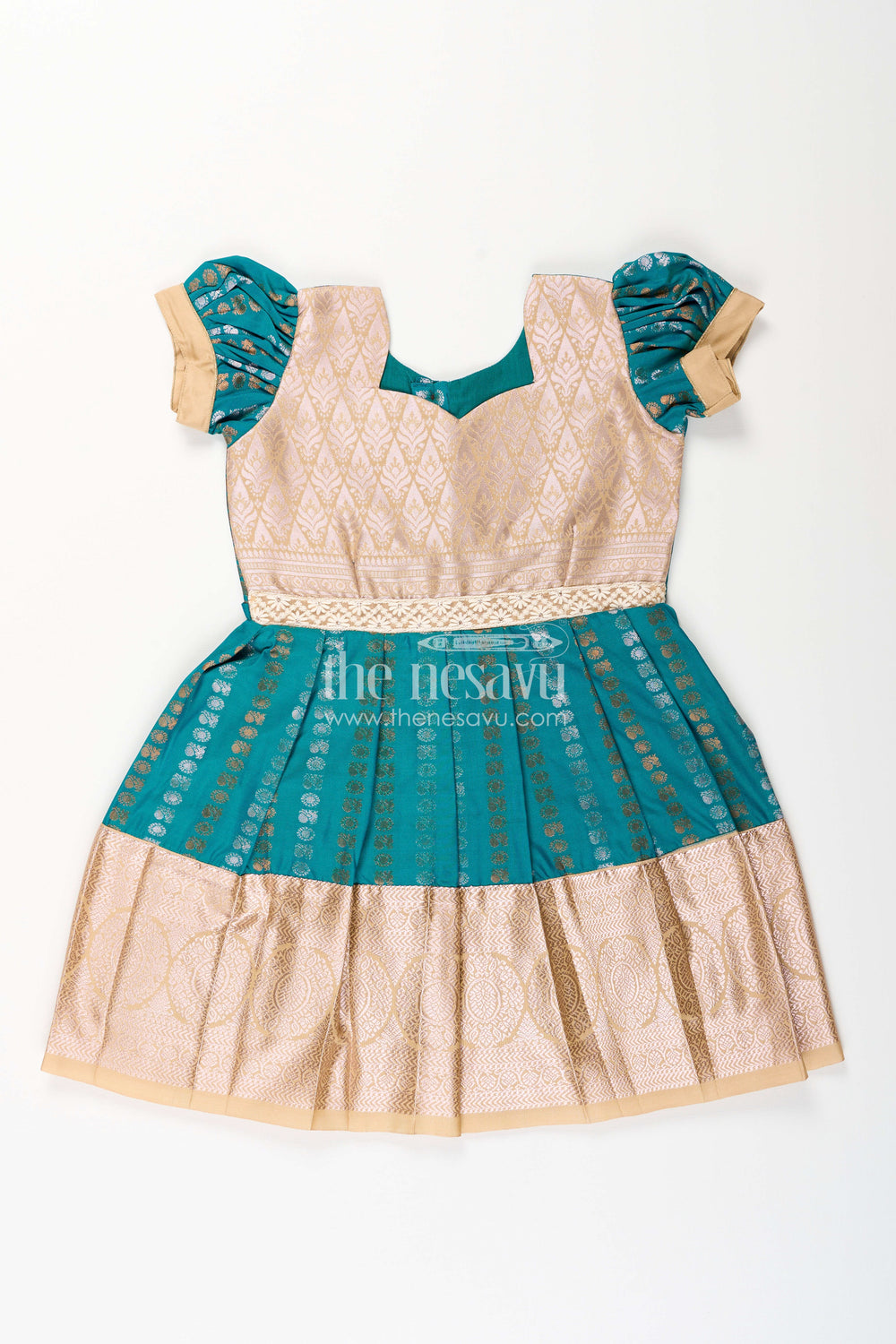 The Nesavu Girls Kanchi Silk Frock Baby Girl Kanchipuram Silk Frock for Traditional and Festive Wear Nesavu 14 (6M) / Green / Style 2 SF843GB-14 Nesavu baby girl kanchipuram silk frock in teal green and gold for festive and wedding wear