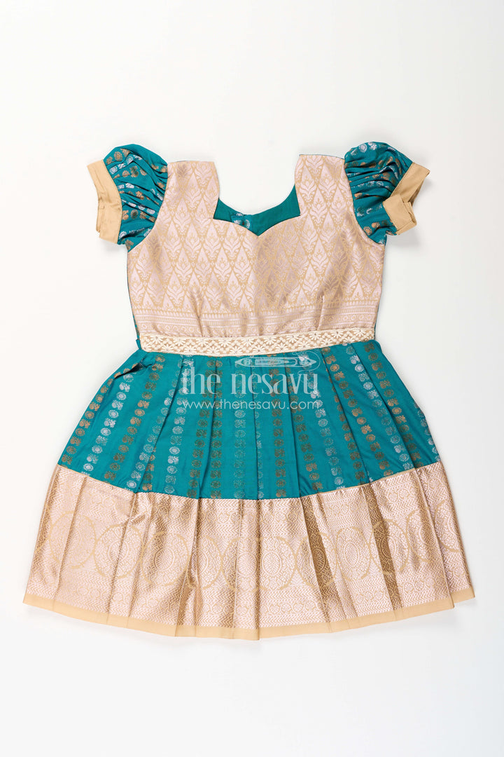 The Nesavu Girls Kanchi Silk Frock Baby Girl Kanchipuram Silk Frock for Traditional and Festive Wear Nesavu 14 (6M) / Green / Style 2 SF843GB-14 Nesavu baby girl kanchipuram silk frock in teal green and gold for festive and wedding wear