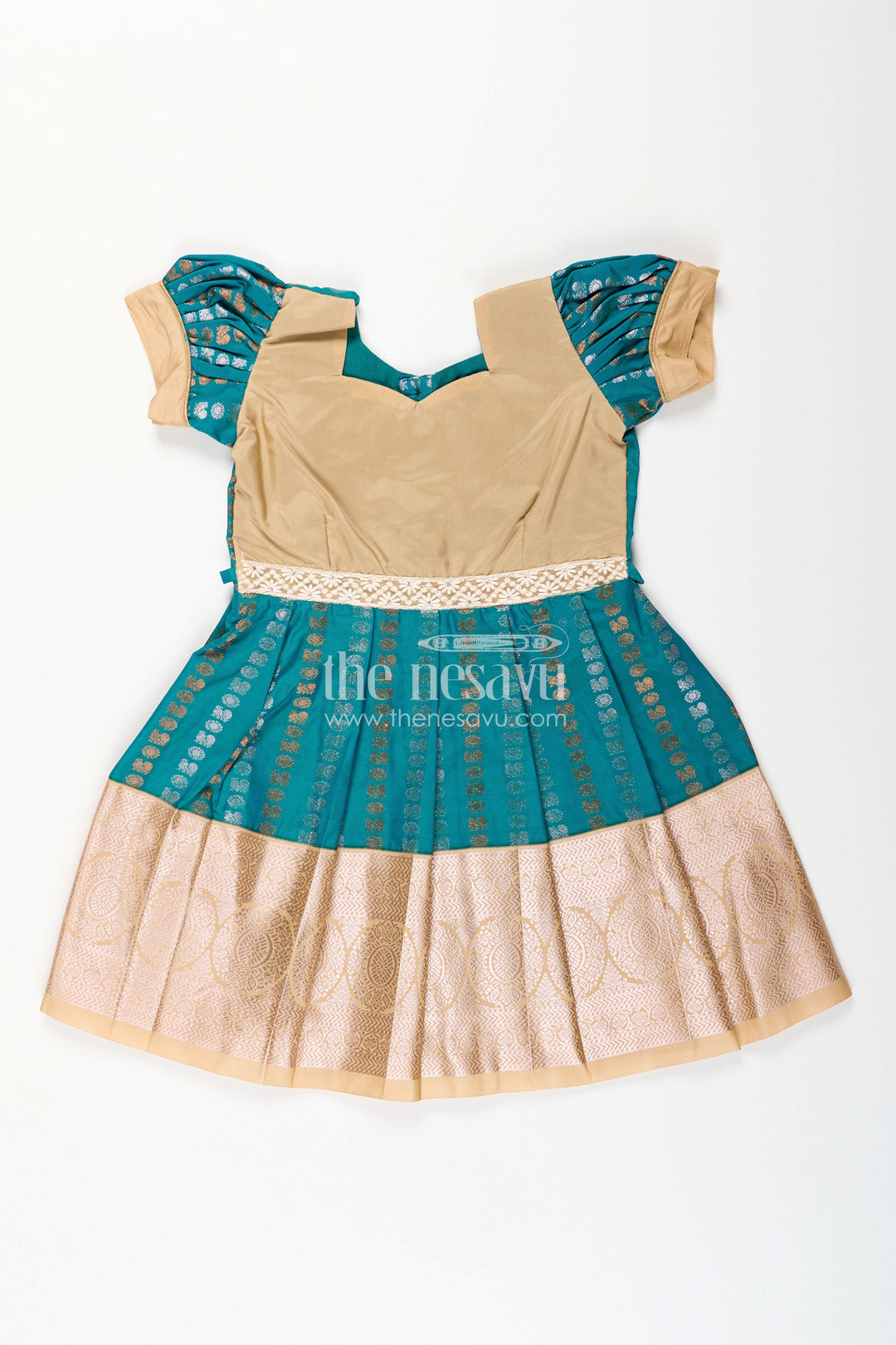 The Nesavu Girls Kanchi Silk Frock Baby Girl Kanchipuram Silk Frock for Traditional and Festive Wear Nesavu 14 (6M) / Green / Style 3 SF843GC-14 Nesavu baby girl kanchipuram silk frock in teal green and gold for festive and wedding wear