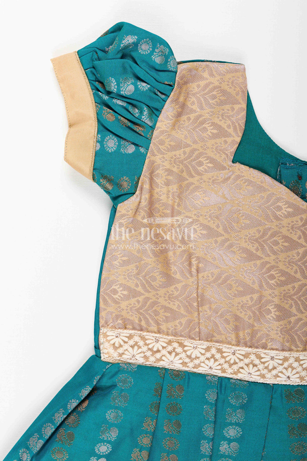 The Nesavu Girls Kanchi Silk Frock Baby Girl Kanchipuram Silk Frock for Traditional and Festive Wear Nesavu Nesavu baby girl kanchipuram silk frock in teal green and gold for festive and wedding wear