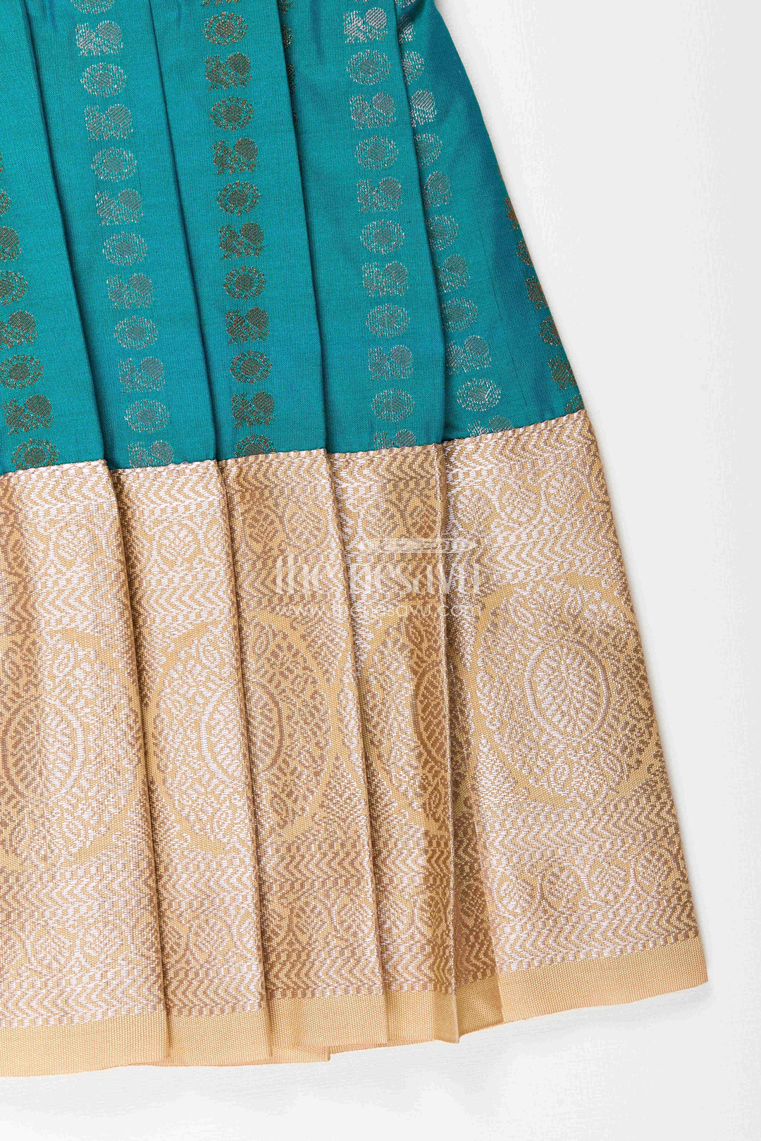 The Nesavu Girls Kanchi Silk Frock Baby Girl Kanchipuram Silk Frock for Traditional and Festive Wear Nesavu Nesavu baby girl kanchipuram silk frock in teal green and gold for festive and wedding wear