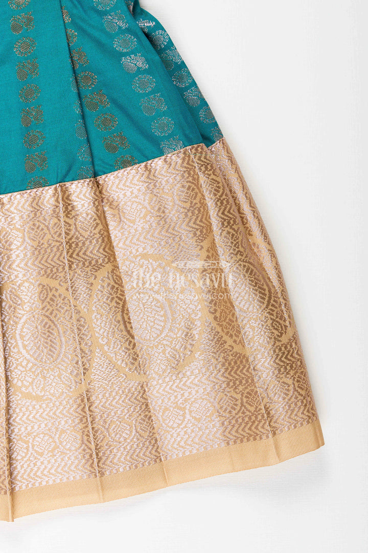 The Nesavu Girls Kanchi Silk Frock Baby Girl Kanchipuram Silk Frock for Traditional and Festive Wear Nesavu Nesavu baby girl kanchipuram silk frock in teal green and gold for festive and wedding wear