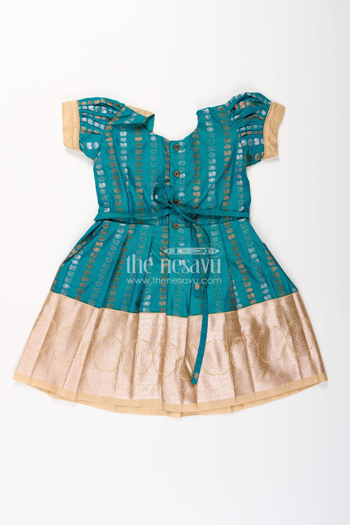 The Nesavu Girls Kanchi Silk Frock Baby Girl Kanchipuram Silk Frock for Traditional and Festive Wear Nesavu Nesavu baby girl kanchipuram silk frock in teal green and gold for festive and wedding wear