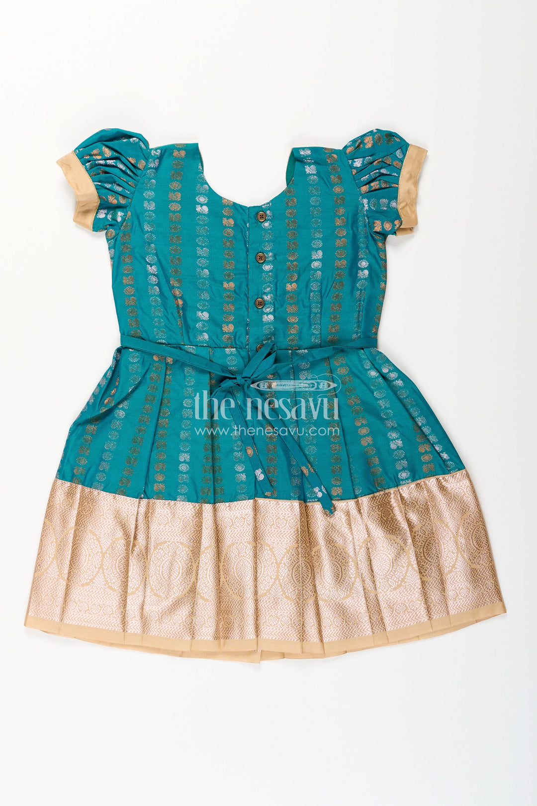 The Nesavu Girls Kanchi Silk Frock Baby Girl Kanchipuram Silk Frock for Traditional and Festive Wear Nesavu Nesavu baby girl kanchipuram silk frock in teal green and gold for festive and wedding wear