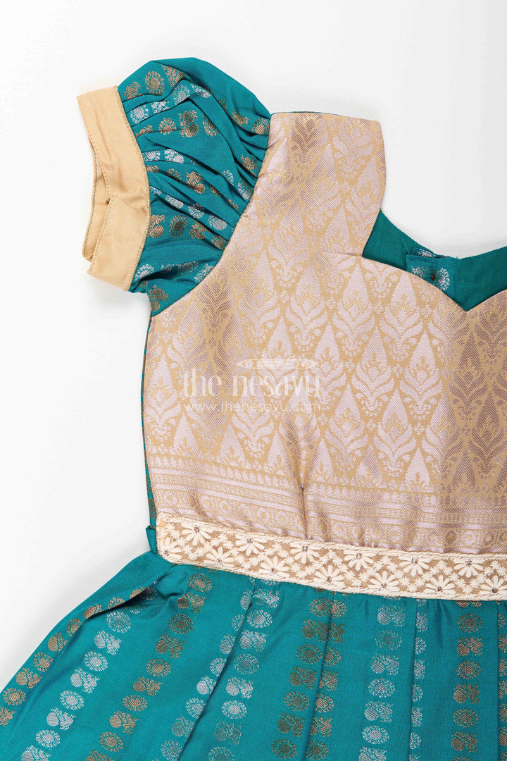 The Nesavu Girls Kanchi Silk Frock Baby Girl Kanchipuram Silk Frock for Traditional and Festive Wear Nesavu Nesavu baby girl kanchipuram silk frock in teal green and gold for festive and wedding wear