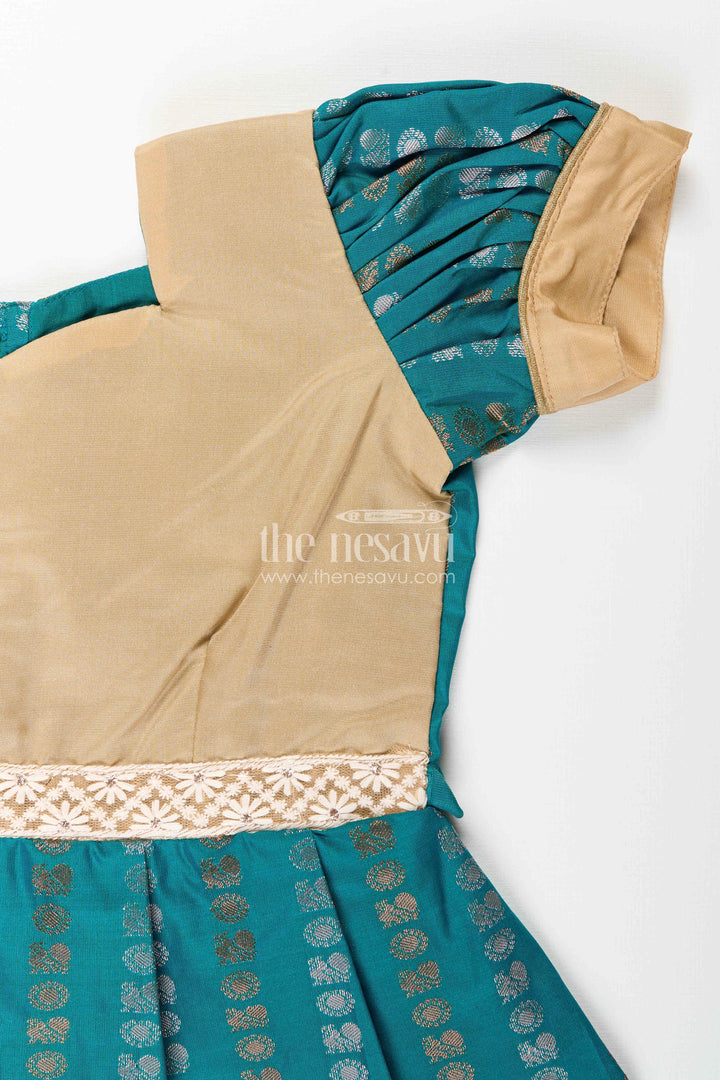 The Nesavu Girls Kanchi Silk Frock Baby Girl Kanchipuram Silk Frock for Traditional and Festive Wear Nesavu Nesavu baby girl kanchipuram silk frock in teal green and gold for festive and wedding wear
