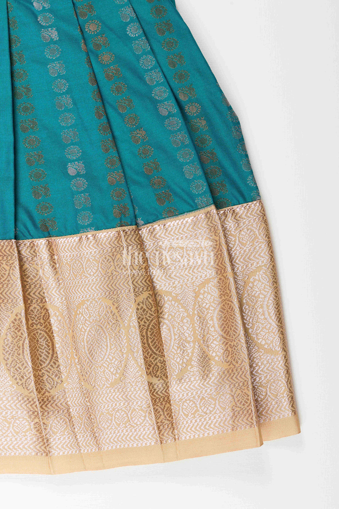 The Nesavu Girls Kanchi Silk Frock Baby Girl Kanchipuram Silk Frock for Traditional and Festive Wear Nesavu Nesavu baby girl kanchipuram silk frock in teal green and gold for festive and wedding wear