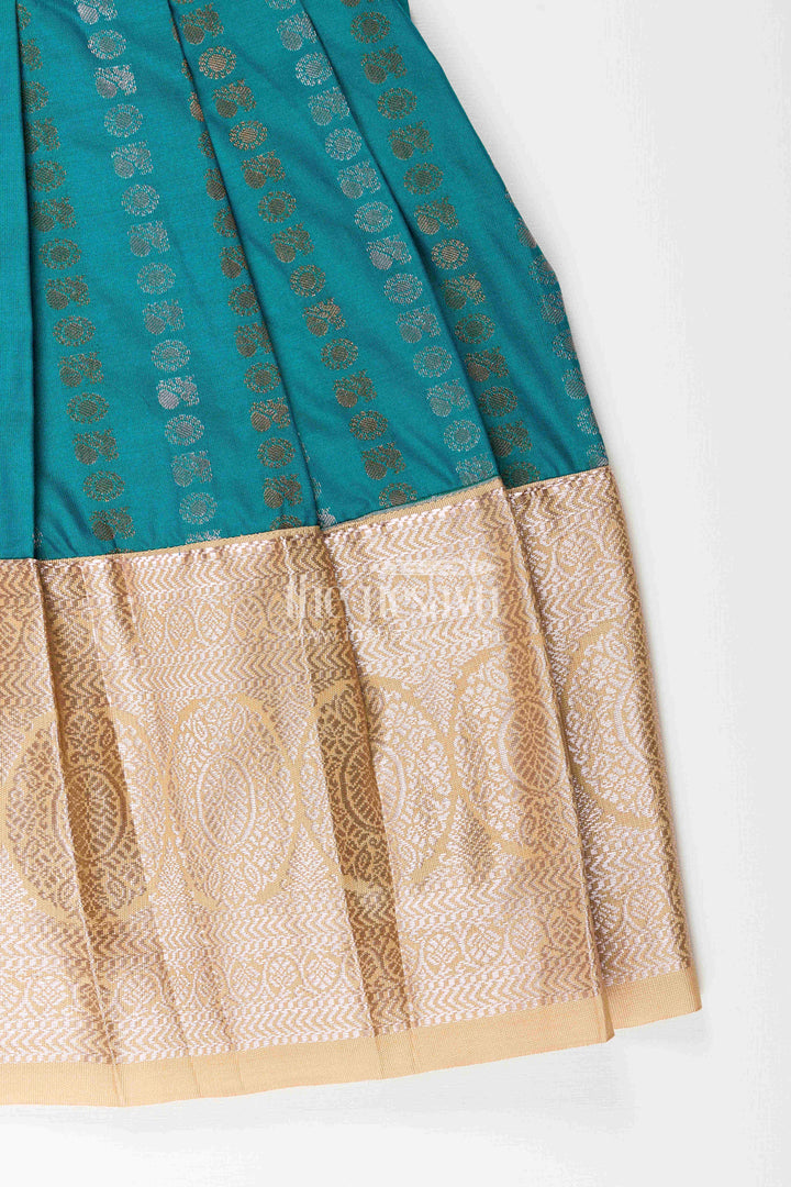 The Nesavu Girls Kanchi Silk Frock Baby Girl Kanchipuram Silk Frock for Traditional and Festive Wear Nesavu Nesavu baby girl kanchipuram silk frock in teal green and gold for festive and wedding wear