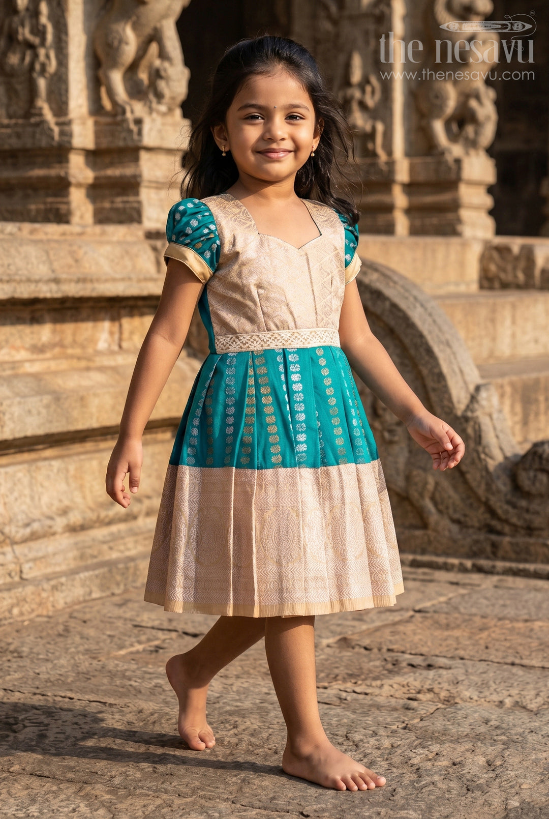 The Nesavu Girls Kanchi Silk Frock Baby Girl Kanchipuram Silk Frock for Traditional and Festive Wear Nesavu Nesavu baby girl kanchipuram silk frock in teal green and gold for festive and wedding wear