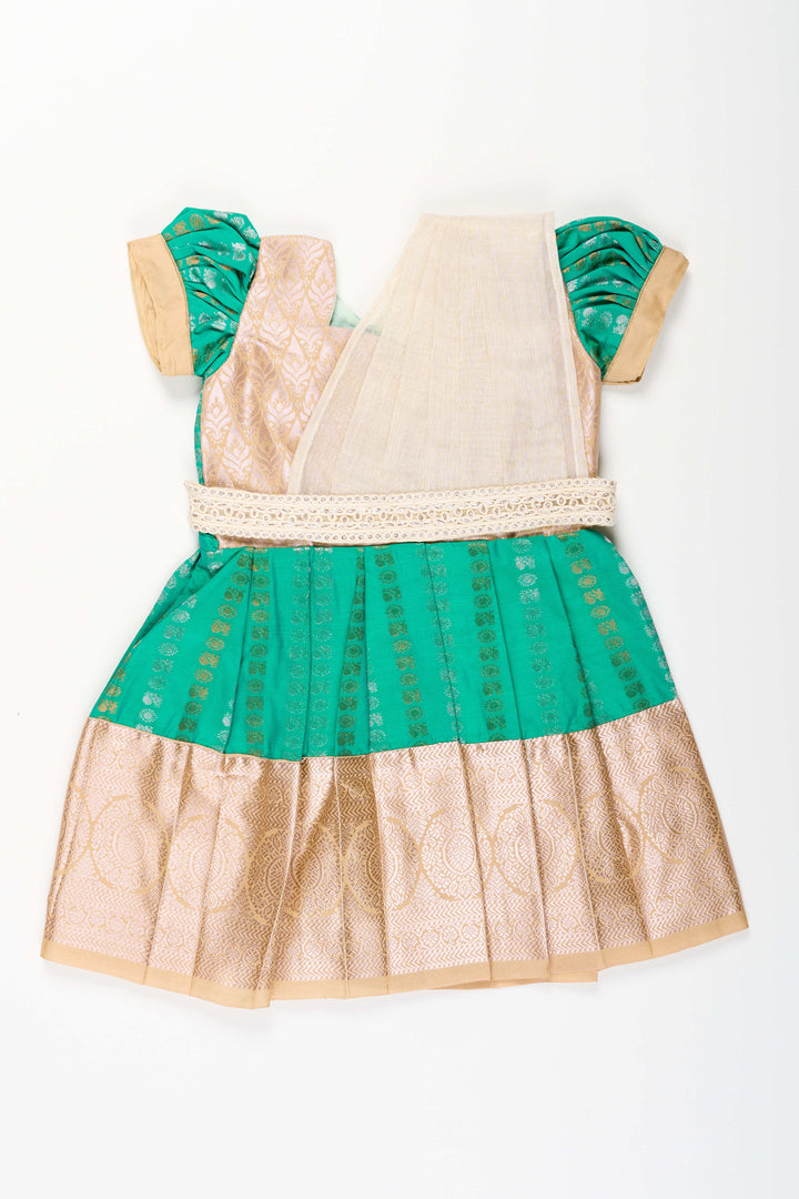 The Nesavu Girls Kanchi Silk Frock Baby Girl Kanchipuram Silk Frock for Weddings and Festive Celebrations Nesavu 14 (6M) / Green / Style 1 SF843HA-14 Nesavu baby girl kanchipuram silk frock in green and gold for weddings and festive wear