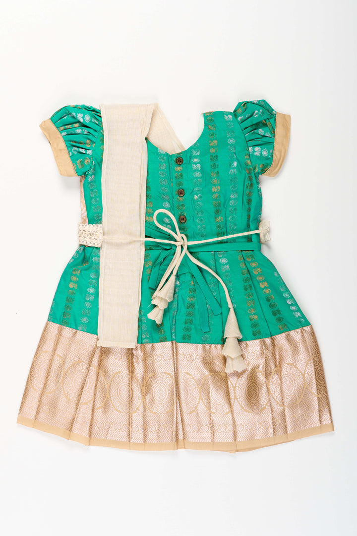 The Nesavu Girls Kanchi Silk Frock Baby Girl Kanchipuram Silk Frock for Weddings and Festive Celebrations Nesavu Nesavu baby girl kanchipuram silk frock in green and gold for weddings and festive wear