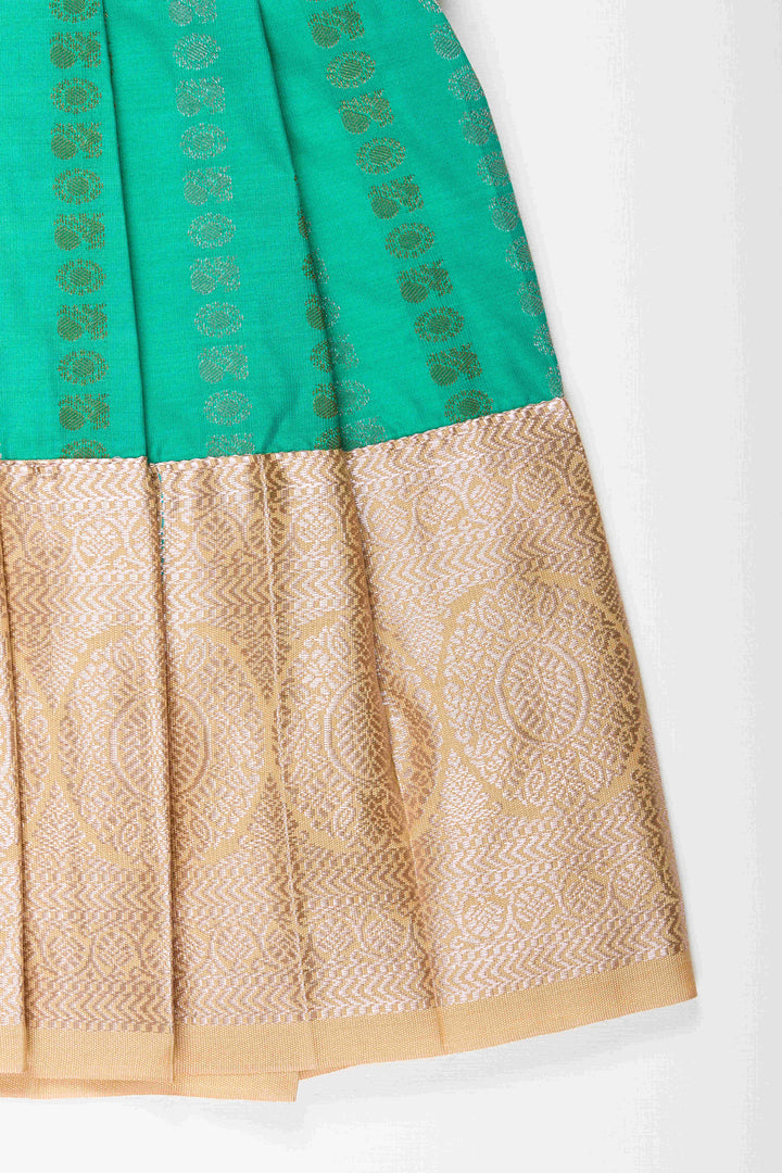 The Nesavu Girls Kanchi Silk Frock Baby Girl Kanchipuram Silk Frock for Weddings and Festive Celebrations Nesavu Nesavu baby girl kanchipuram silk frock in green and gold for weddings and festive wear