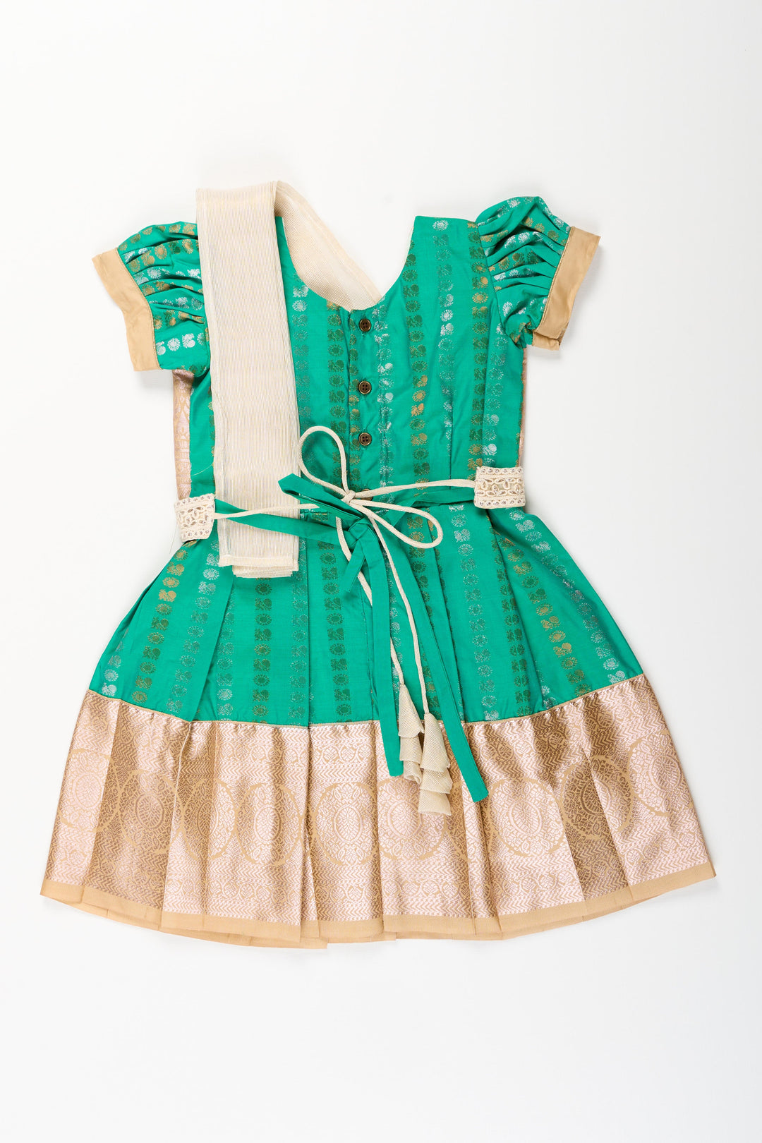 The Nesavu Girls Kanchi Silk Frock Baby Girl Kanchipuram Silk Frock for Weddings and Festive Celebrations Nesavu Nesavu baby girl kanchipuram silk frock in green and gold for weddings and festive wear