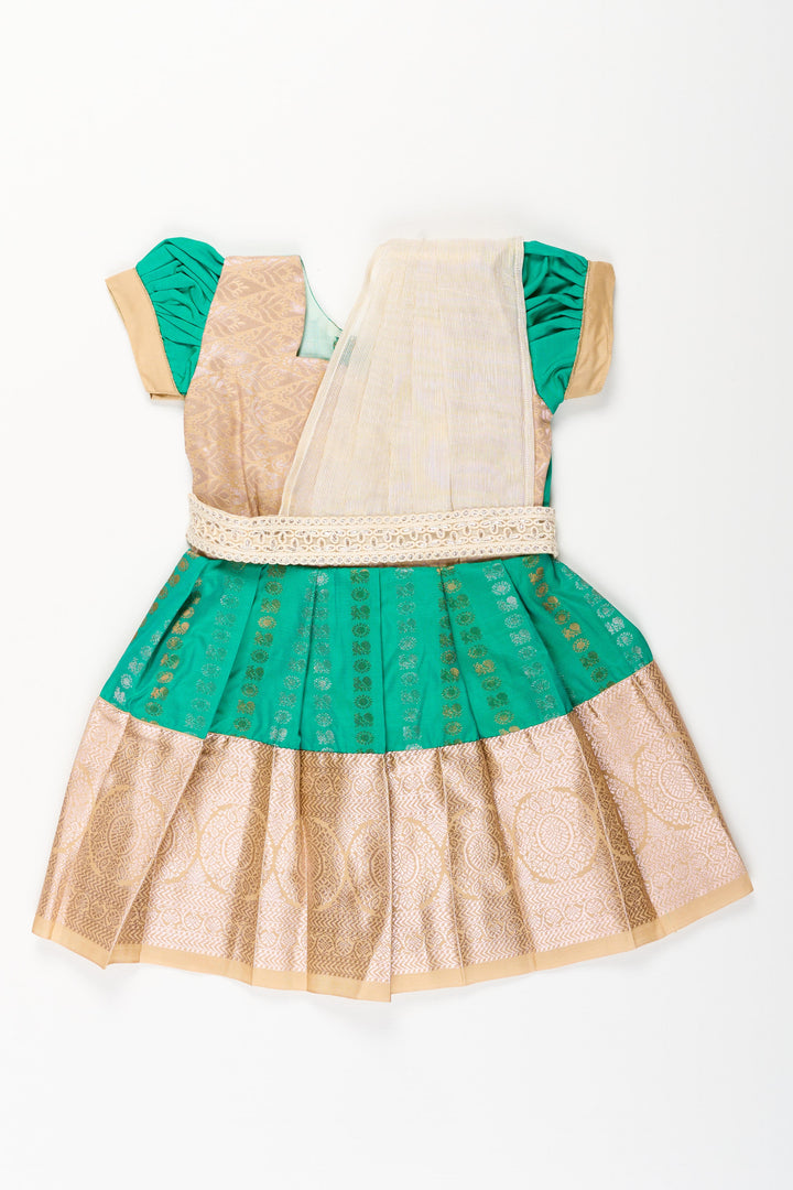 The Nesavu Girls Kanchi Silk Frock Baby Girl Kanchipuram Silk Frock for Weddings and Festive Celebrations Nesavu Nesavu baby girl kanchipuram silk frock in green and gold for weddings and festive wear