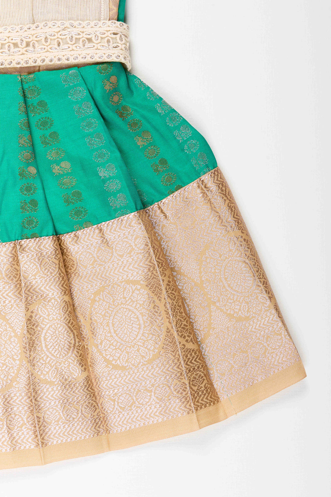 The Nesavu Girls Kanchi Silk Frock Baby Girl Kanchipuram Silk Frock for Weddings and Festive Celebrations Nesavu Nesavu baby girl kanchipuram silk frock in green and gold for weddings and festive wear