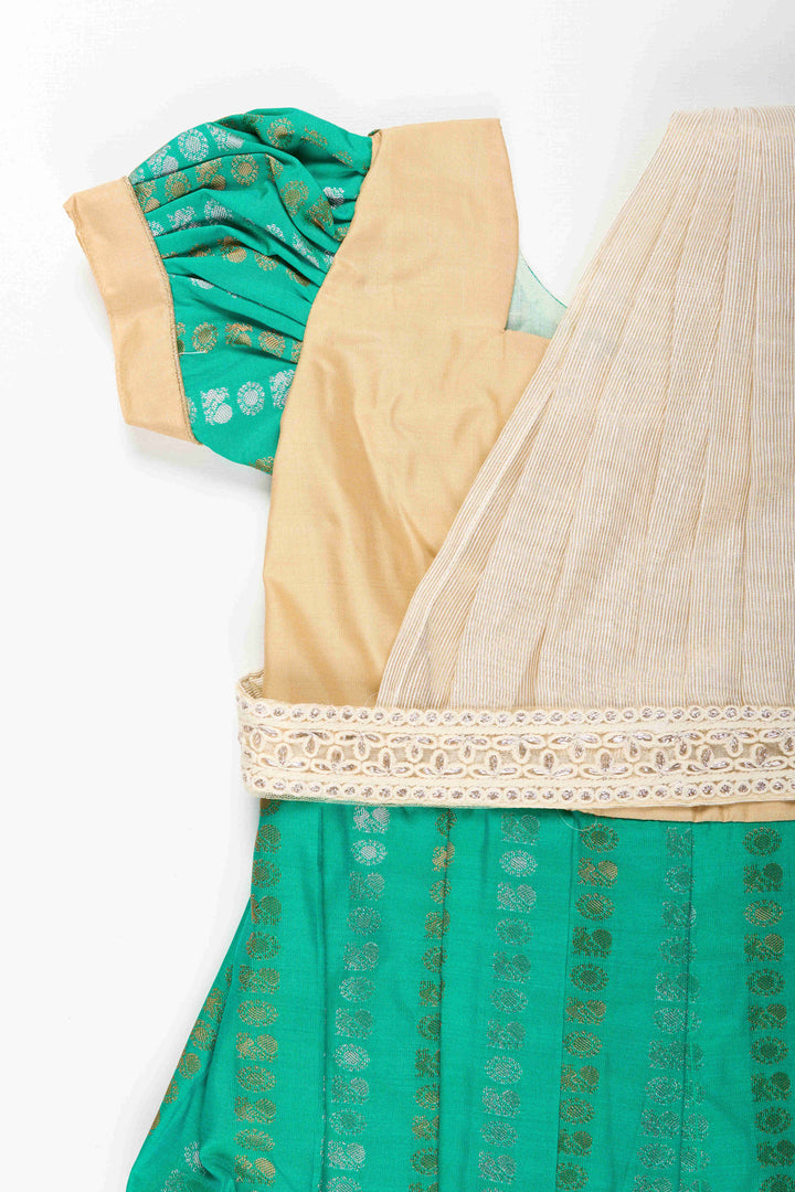 The Nesavu Girls Kanchi Silk Frock Baby Girl Kanchipuram Silk Frock for Weddings and Festive Celebrations Nesavu Nesavu baby girl kanchipuram silk frock in green and gold for weddings and festive wear