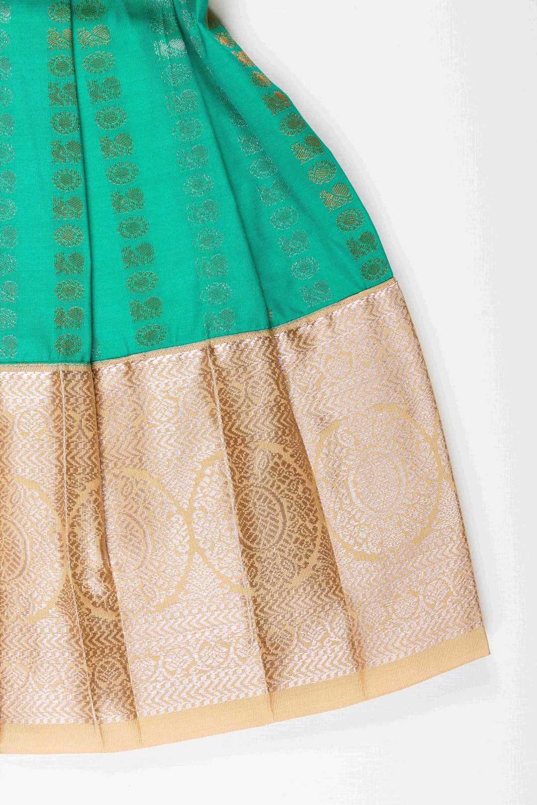 The Nesavu Girls Kanchi Silk Frock Baby Girl Kanchipuram Silk Frock for Weddings and Festive Celebrations Nesavu Nesavu baby girl kanchipuram silk frock in green and gold for weddings and festive wear